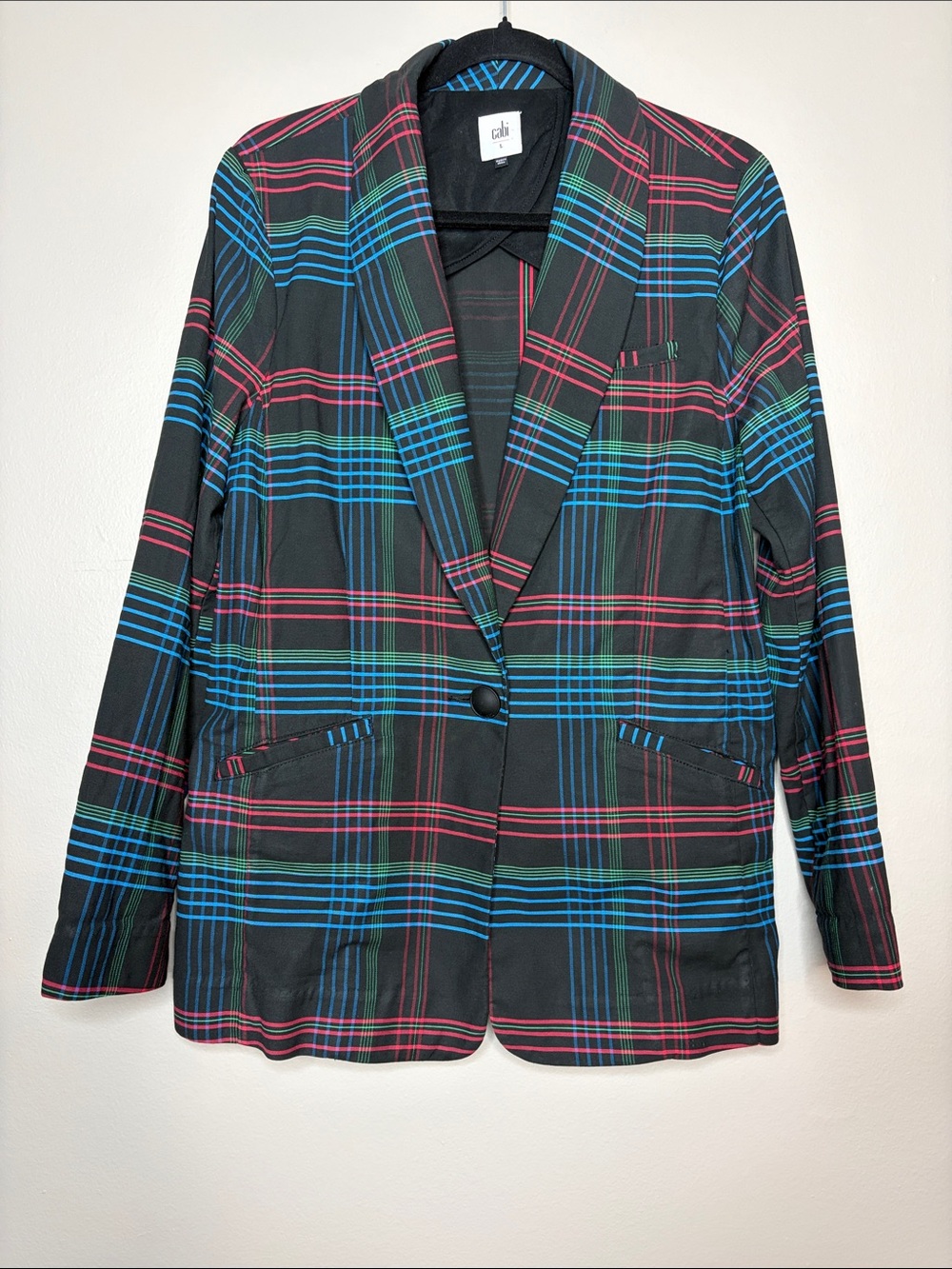 CAbi Holiday Plaid Blazer Large Black Red Green Blue Office Jacket Large